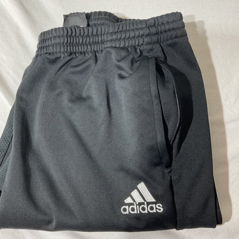 Adidas Black XL Athletic Track Pants With White Stripes  Waist Pockets & Zip